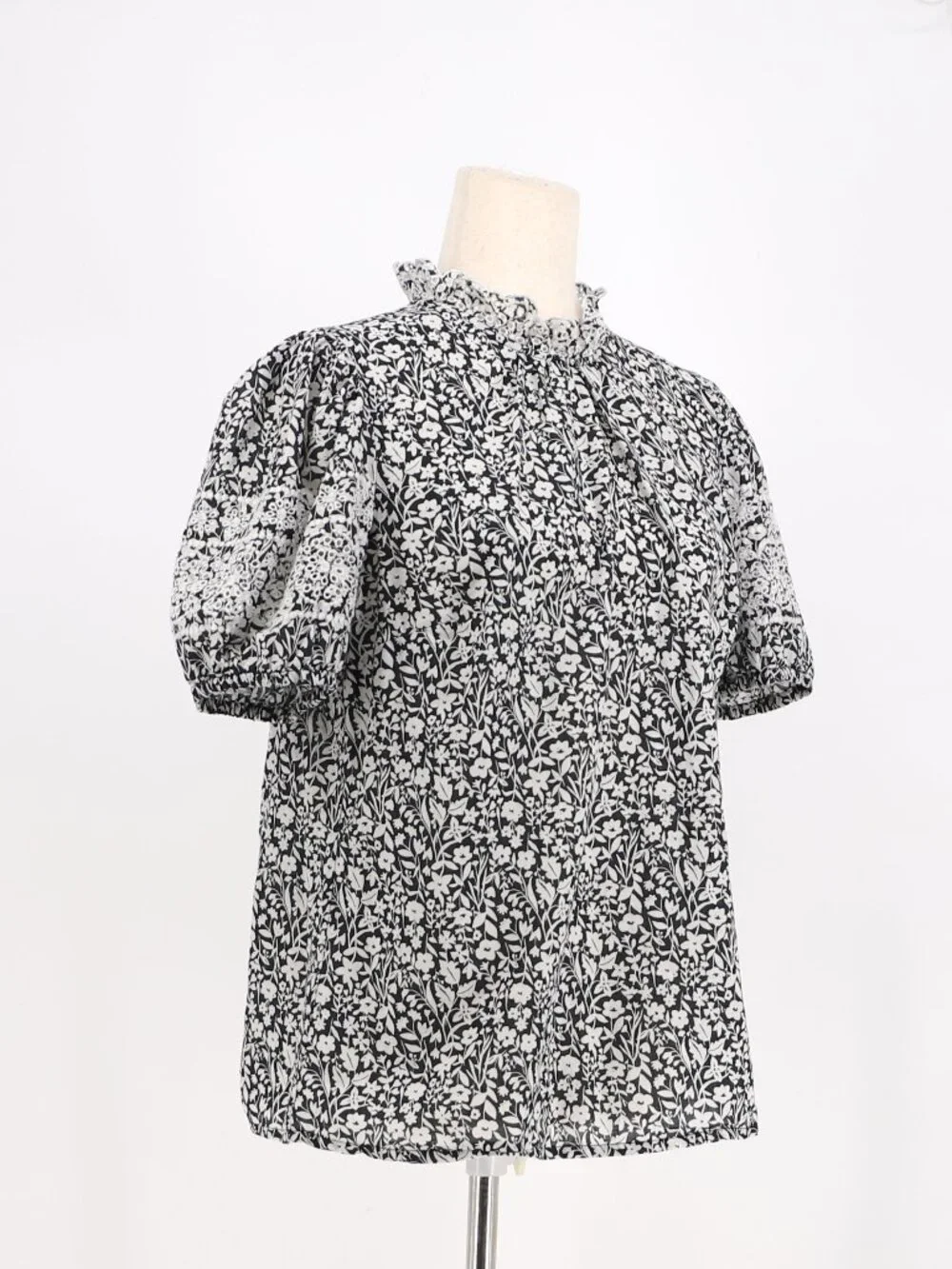 BODEN Floral Ruffle Mockneck Short Puff Sleeve Cotton Top Size 8